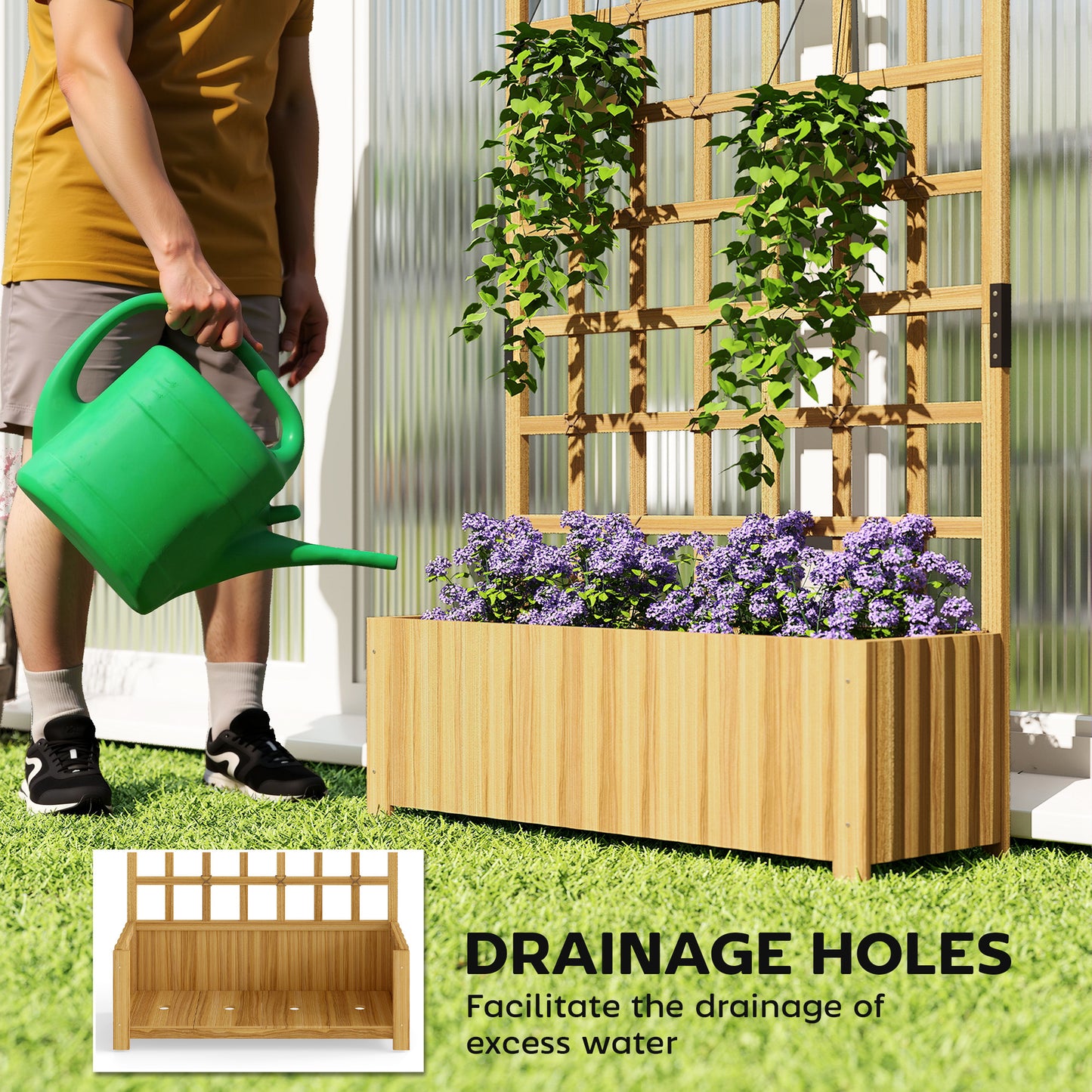 Outsunny Wooden Raised Planter With Trellis Garden Bed For Climbing Plants Weather Resistant Fir Wood