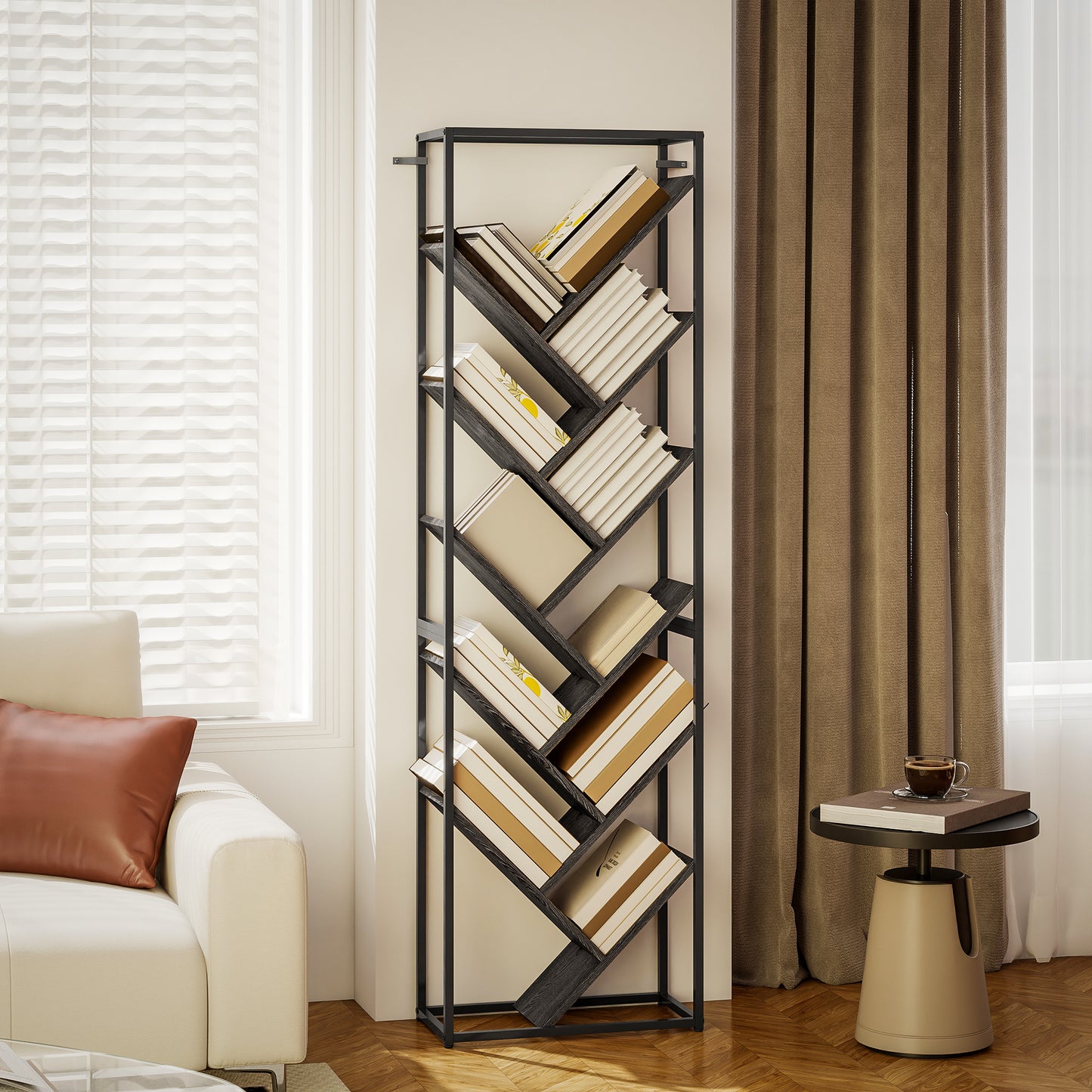 HOMCOM 10 Shelf Industrial Style Tree Bookshelf Tall 170 Centimeters With Branches Design And Metal Frame Black Grey