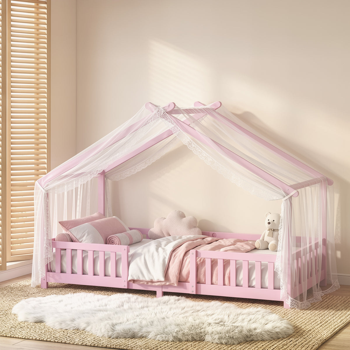 AIYAPLAY Pink Solid Pine House Bed Frame for Kids with Dual Guardrails