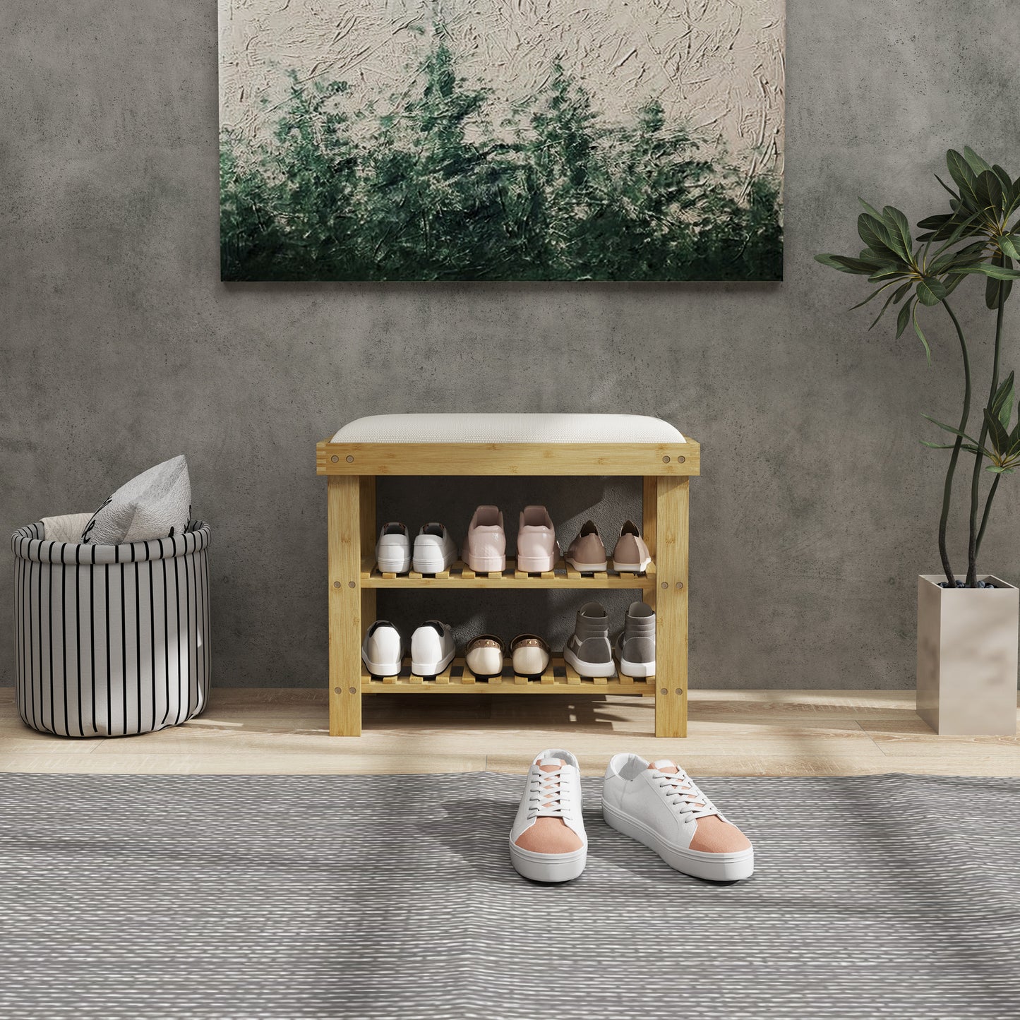 HOMCOM Bamboo Shoe Storage Bench 3 Tier With Seat Cushion Cream White for Entryway Hallway Living Room Bedroom