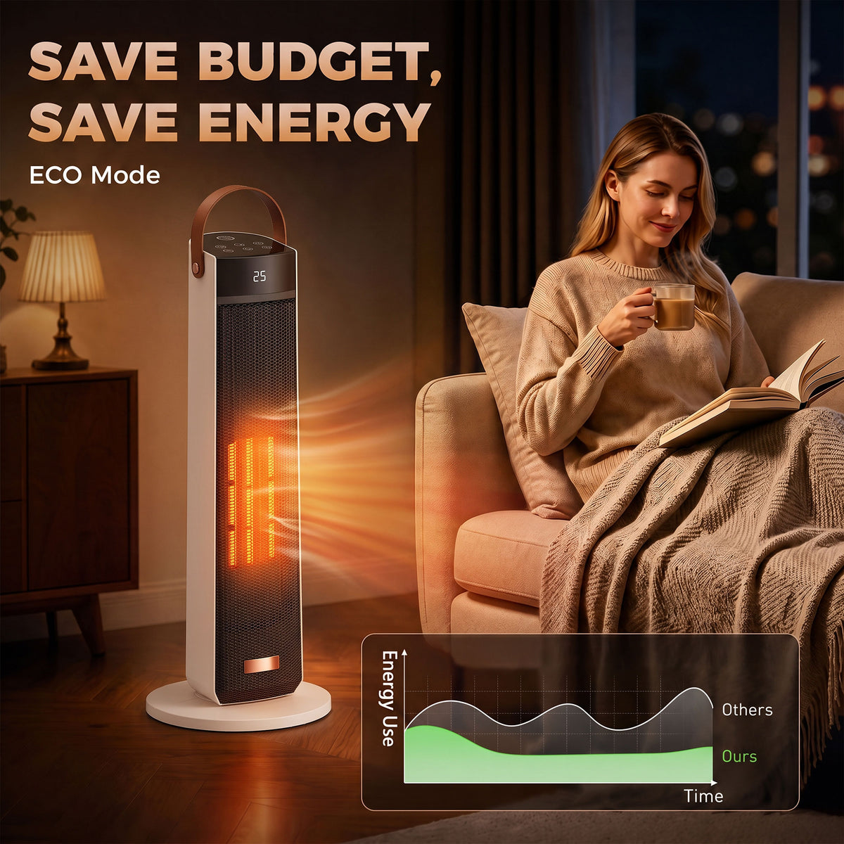 Portable ceramic tower heater with flame-effect glow next to seated reader on couch