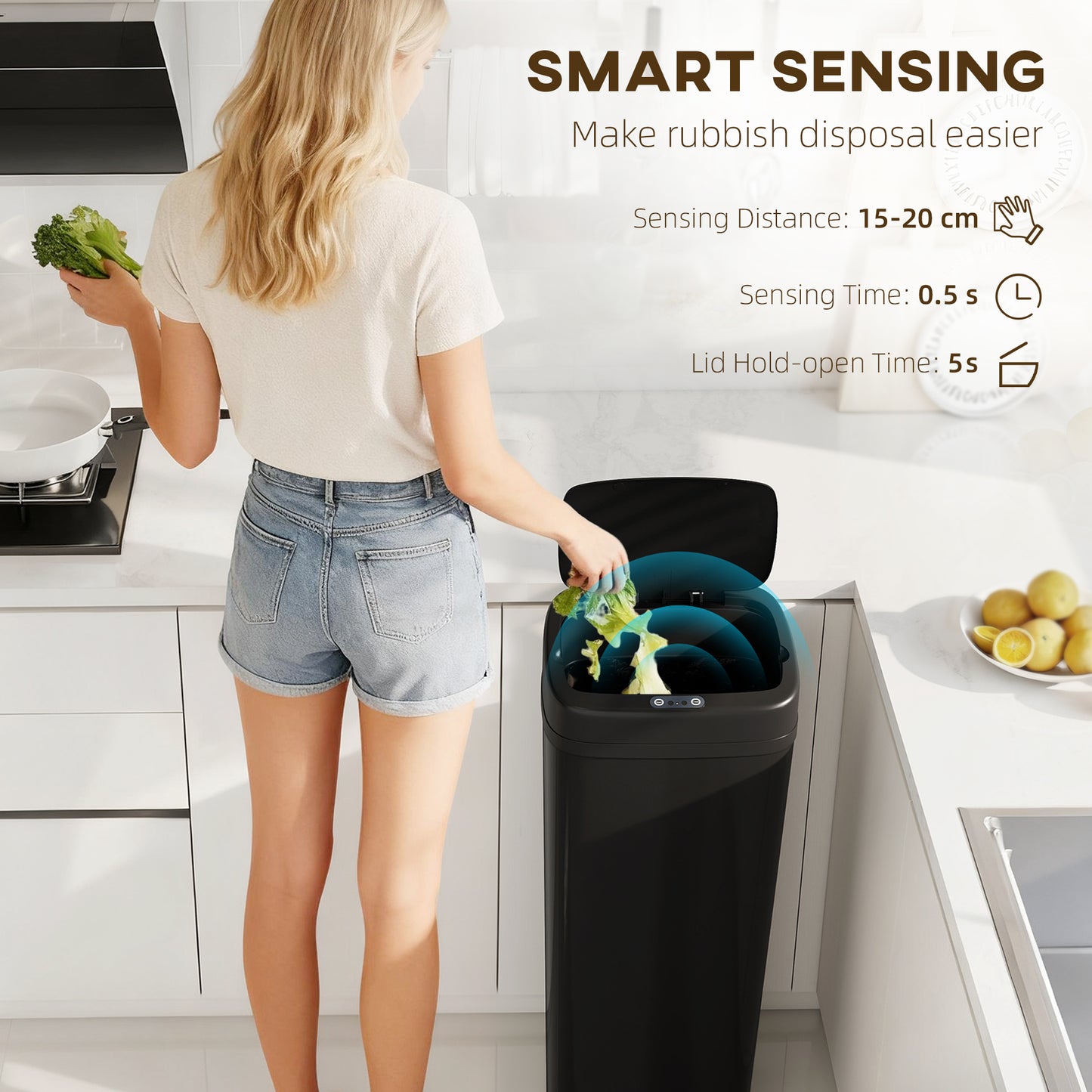 HOMCOM 50L Stainless Steel Sensor Bin Black With Auto Open Lid And Manual Stay Open