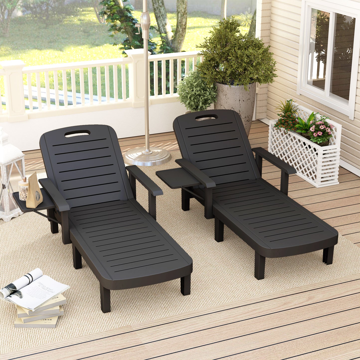Outsunny Set Of 2 Adjustable Sun Loungers With Five Position Recline And Armrests For Outdoor Use Foldable Table Black