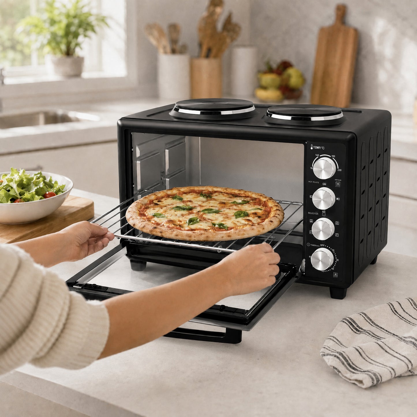 HOMCOM 36L Countertop Convection Oven With Dual Hot Plates And Adjustable Temperature