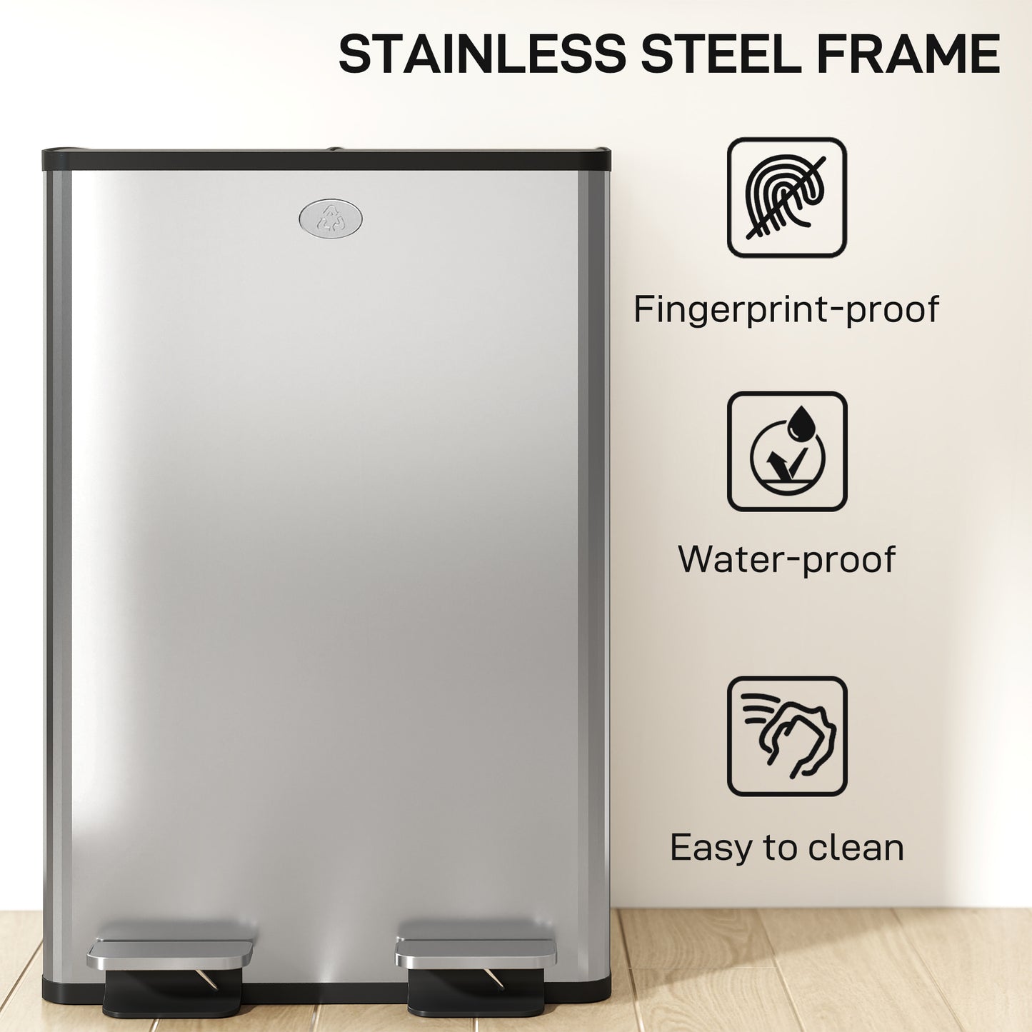 HOMCOM 56L Dual Compartment Stainless Steel Bin With Deodoriser Holders Silver Tone