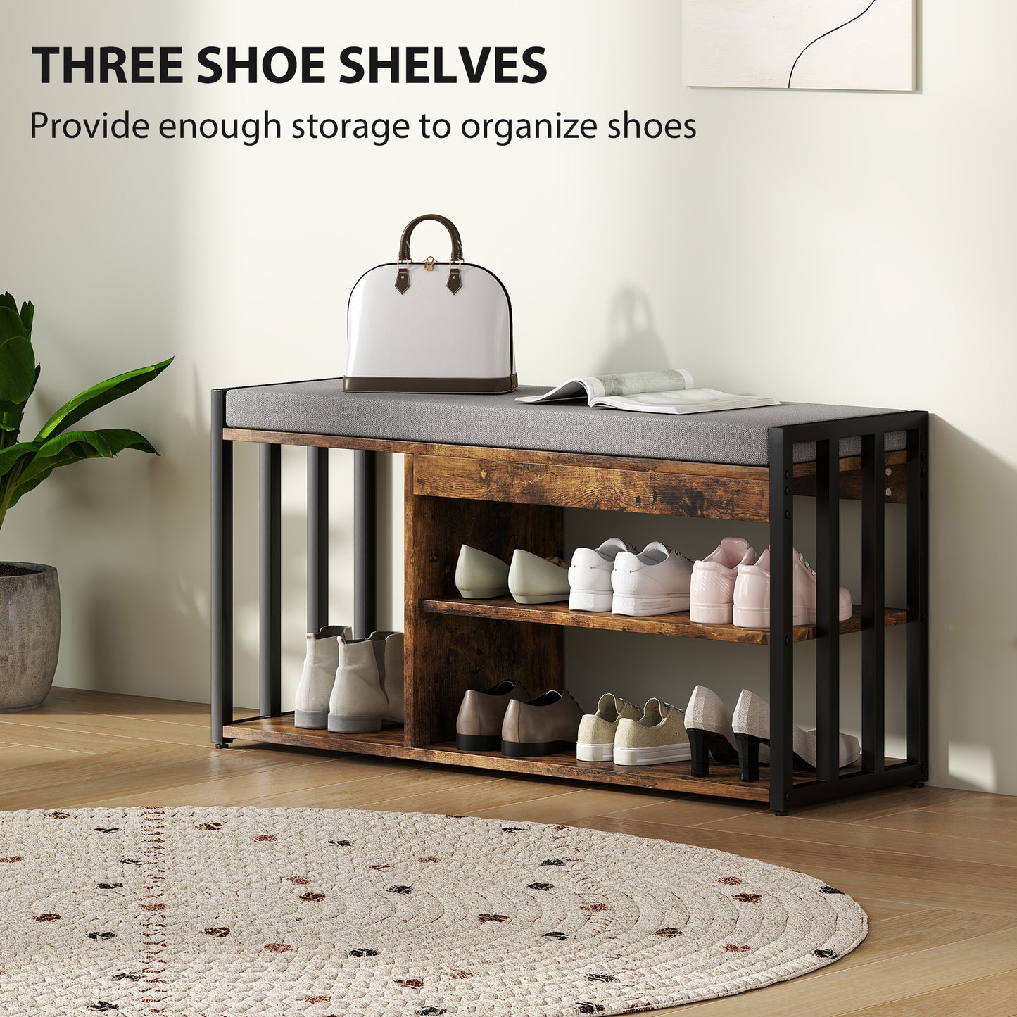 HOMCOM Shoe Storage Bench With Upholstered Seat And Steel Frame Hallway Shoe Organizer With 3 Open Shelves Rustic Brown