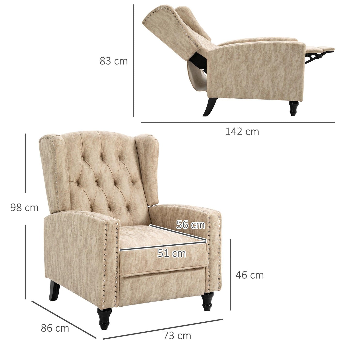 HOMCOM Studded Upholstered Reclining Armchair w/ Retractable Footrest Beige - ALL4U RETAILER LTD