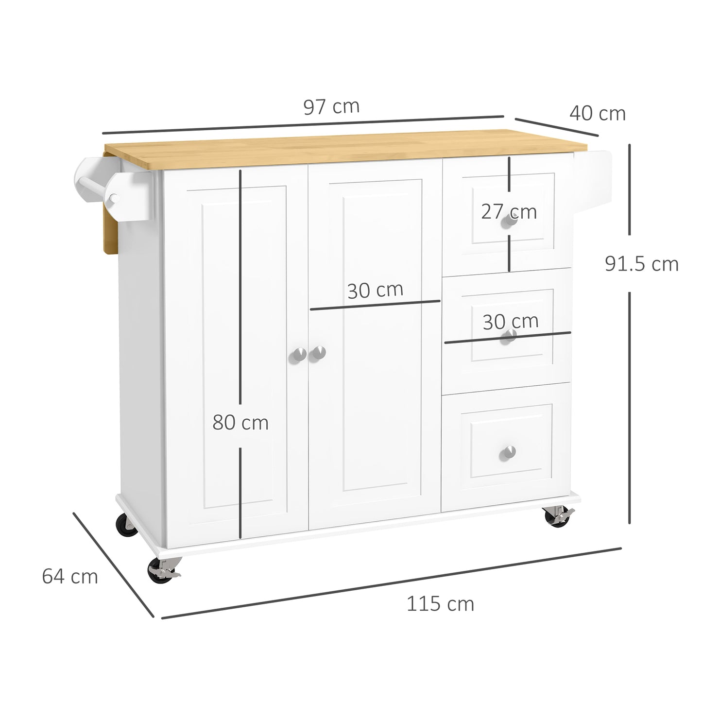 HOMCOM Kitchen Island On Wheels With Drop Leaf 3 Drawers Spice Rack And Towel Rack Rubber Wood Top Trolley White