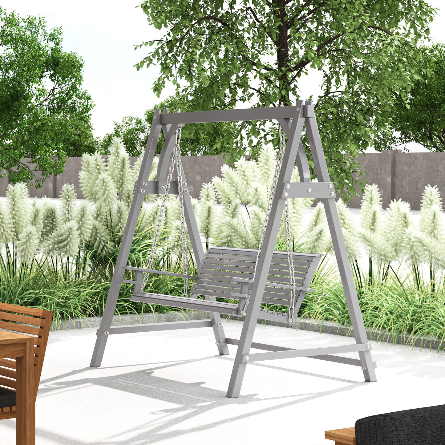 Outsunny 2 Seater Garden Swing Chair Bench In Grey With Cup Holders Solid Larch Wood Construction For Outdoor Patio