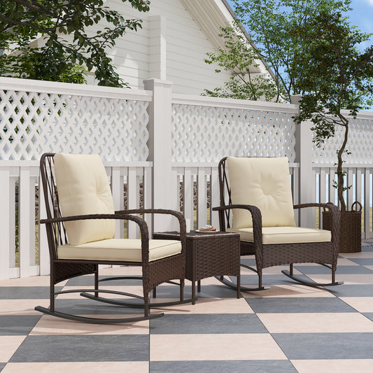Outsunny Three Piece Rattan Bistro Set With Glass Top Table Two Rocking Chairs Brown Outdoor Garden
