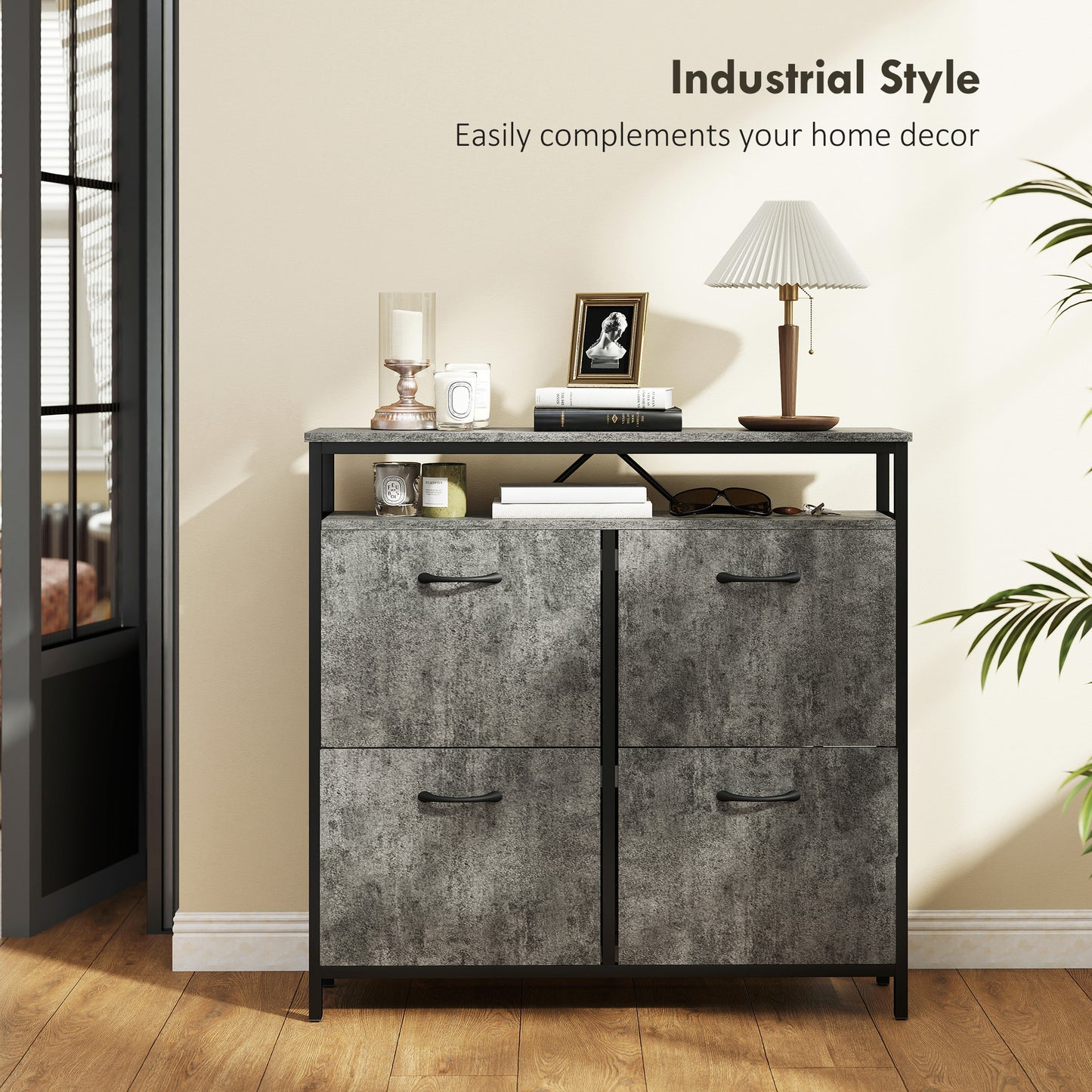 HOMCOM Cement Grey Shoe Storage Cabinet With Four Flip Drawers And Open Shelf For Industrial Entryway Organization