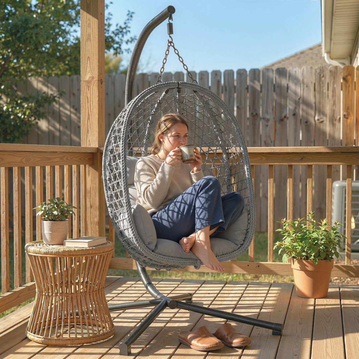 Outsunny Hanging Egg Chair Indoor Outdoor Rattan Hammock Swing Chair With Stand Safety Strap Foldable Basket Dark Grey