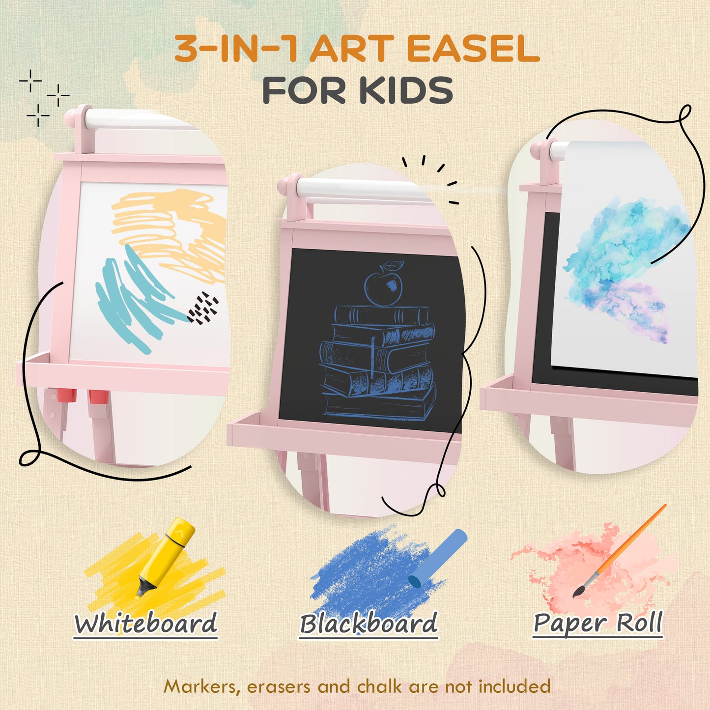 AIYAPLAY 3 In 1 Kids Easel Double Sided Magnetic Whiteboard And Chalkboard With Paper Roll And Storage Baskets Pink