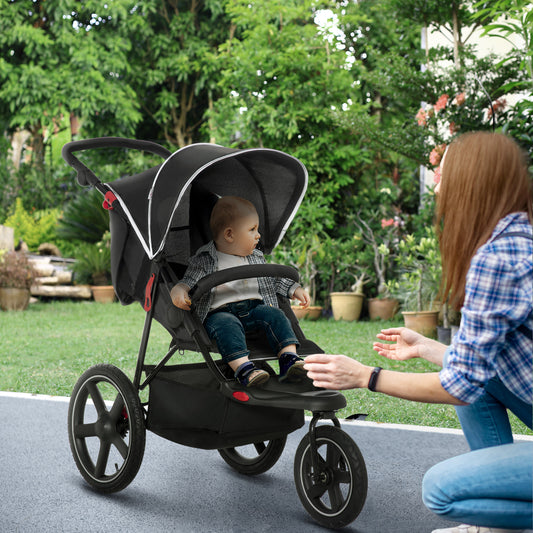 HOMCOM Lightweight Foldable Three-Wheel Baby Stroller with Adjustable Canopy and Reclining Backrest in Black - ALL4U RETAILER LTD