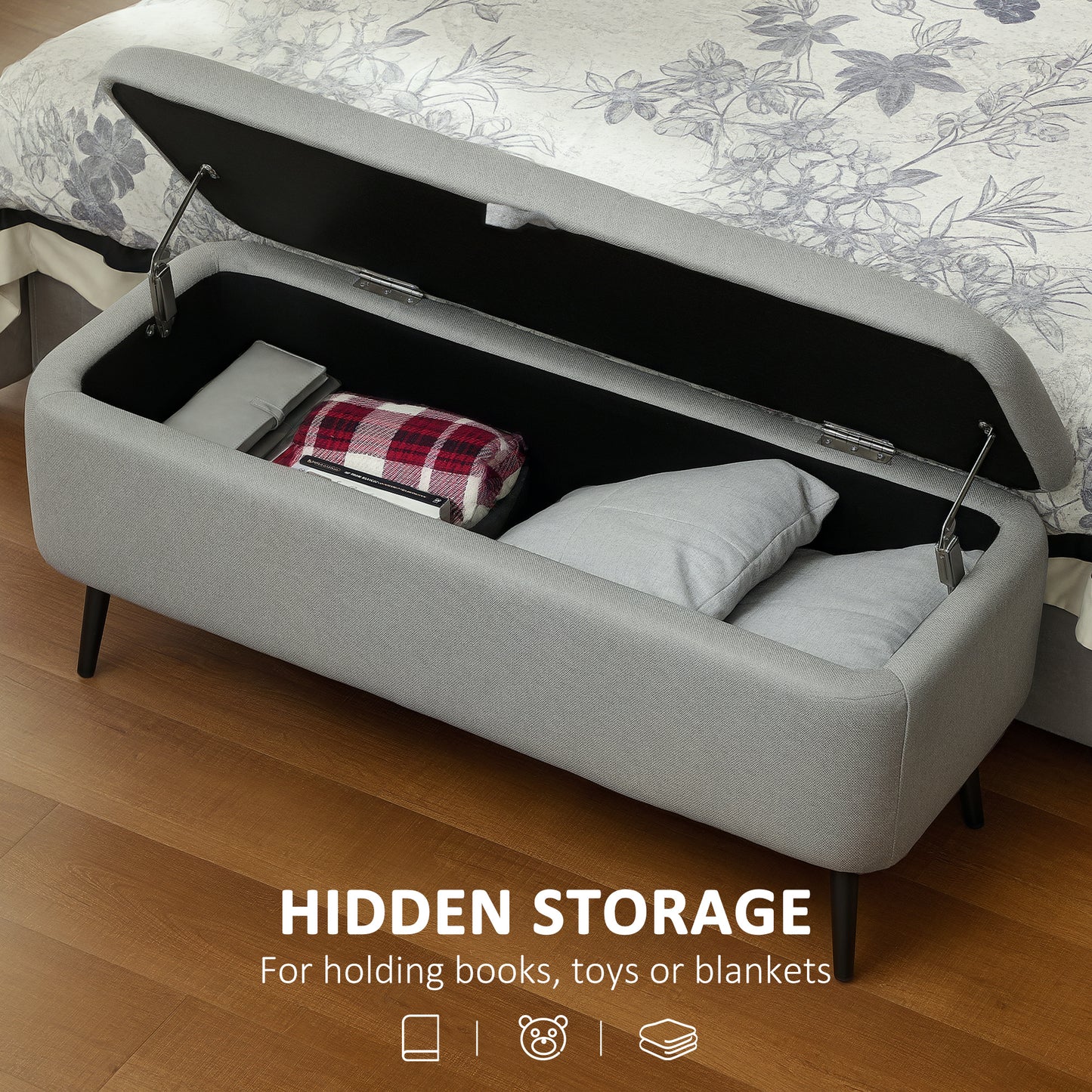 HOMCOM Linen-Look Storage Ottoman 92 x 31 cm Light Grey Padded Lid For Comfort And Hidden Storage