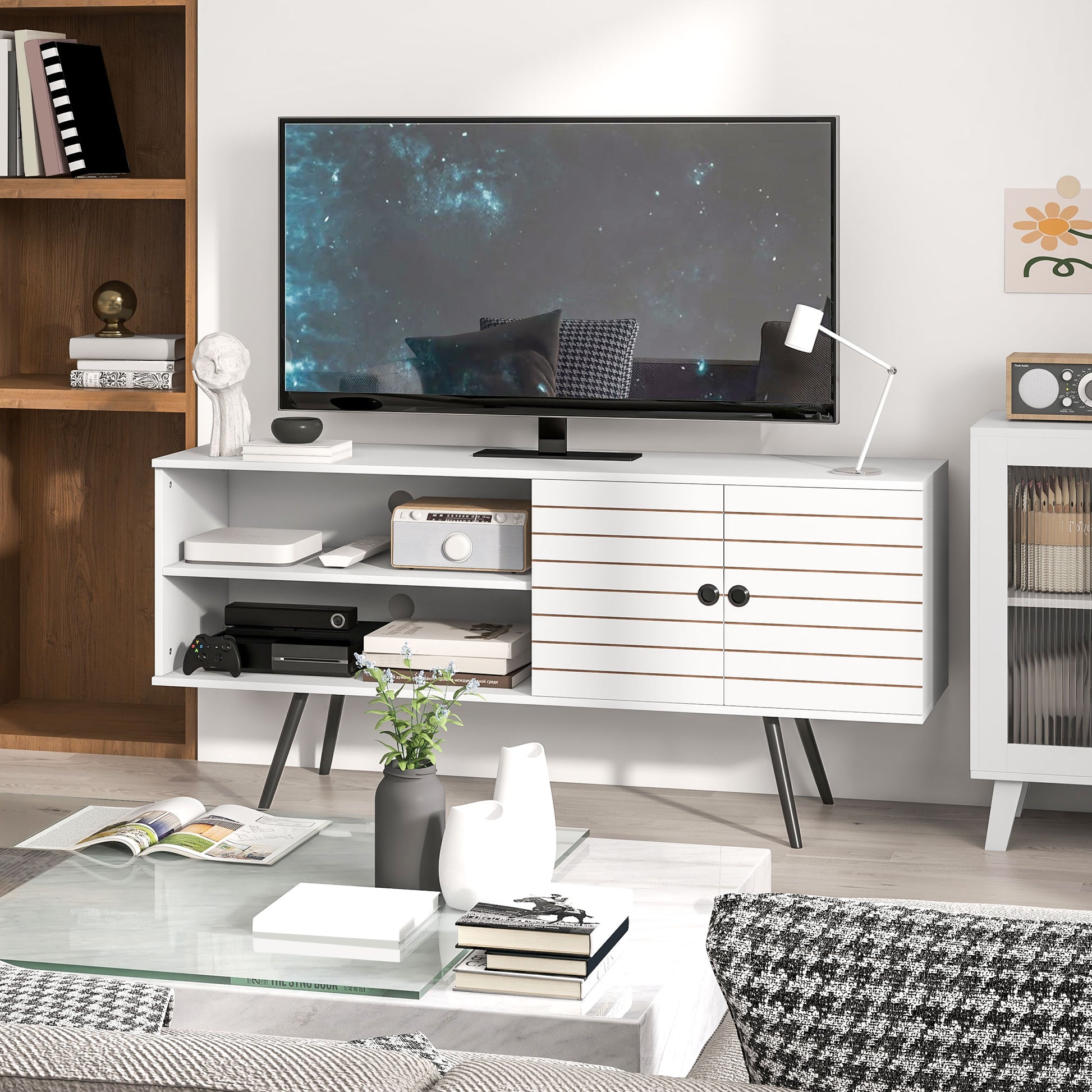 HOMCOM Modern White TV Stand Cabinet for 65 Inch Screens with Open Shelves & Soft-Close Doors - ALL4U RETAILER LTD