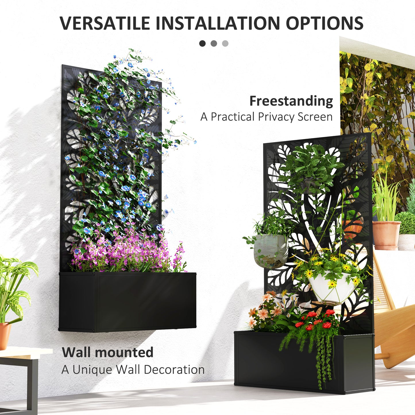 Outsunny Outdoor Metal Planter With Back Trellis Black Garden Planter Box 23 x 58 cm 32L Soil Capacity