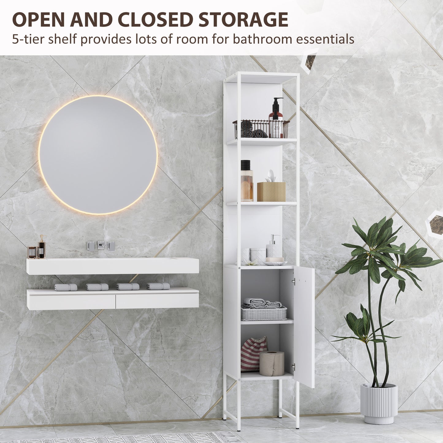 HOMCOM Tall Slim Bathroom Cabinet With Open Shelves And Closed Compartments White Five Level Adjustable Shelf