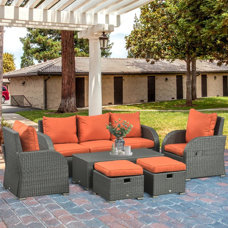 Outsunny 6-Piece Outdoor Rattan Dining Set with Reclining Armchairs - Orange | Stylish Patio Furniture Ensemble - ALL4U RETAILER LTD