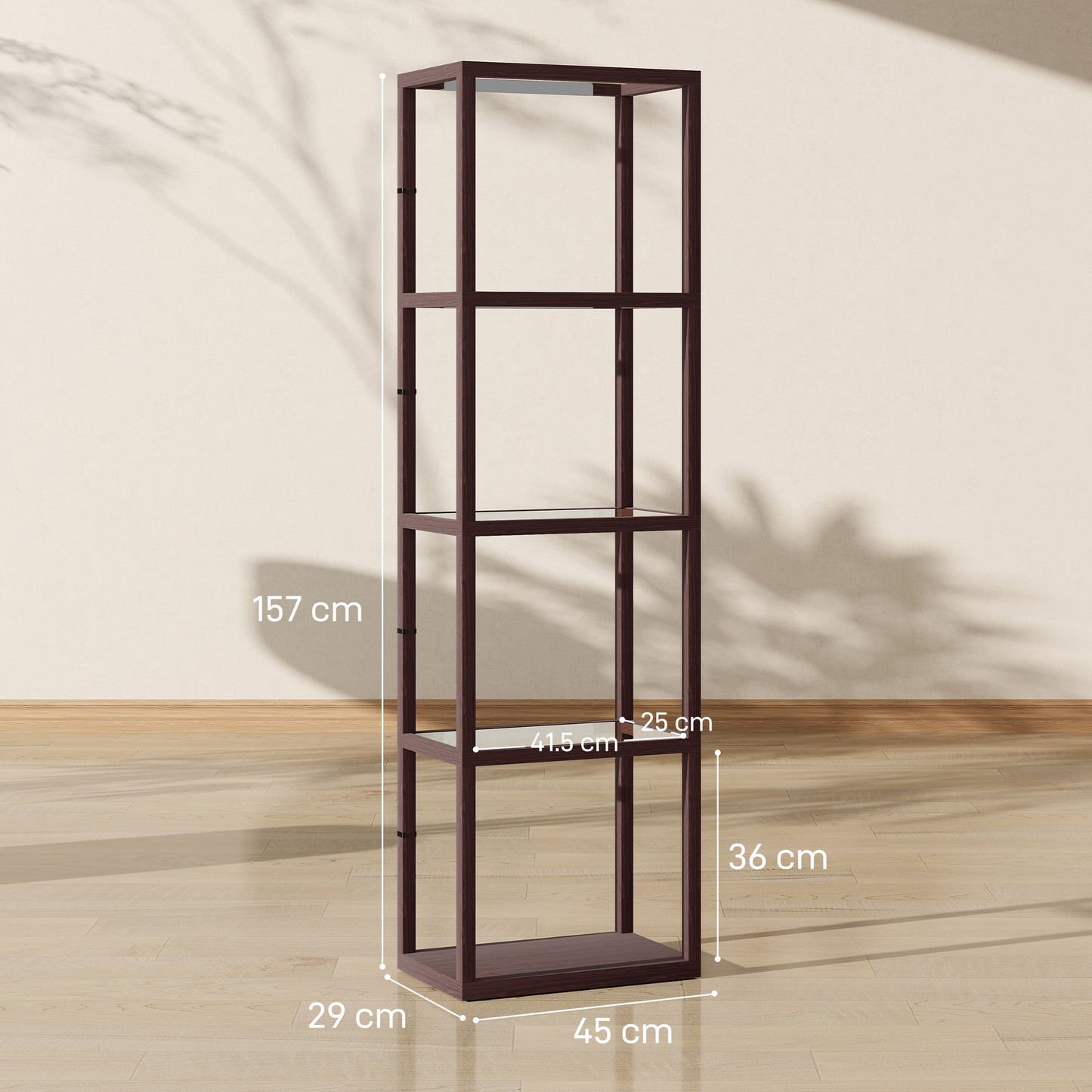HOMCOM Four Shelf Floor Lamp With Warm White LEDs And Built In Storage And Tempered Glass Shelves Dark Brown