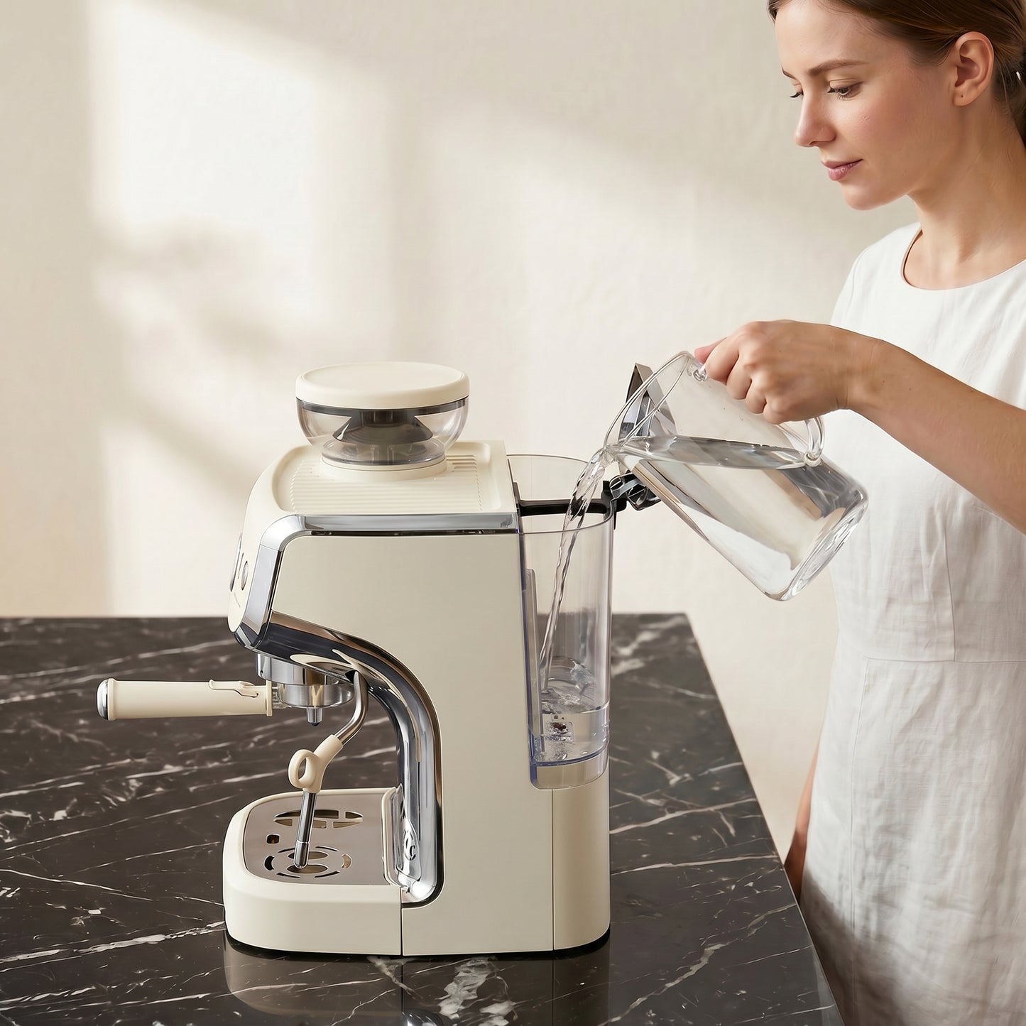 HOMCOM Bean To Cup Coffee Machine With Integrated Grinder And Steam Wand Cream White