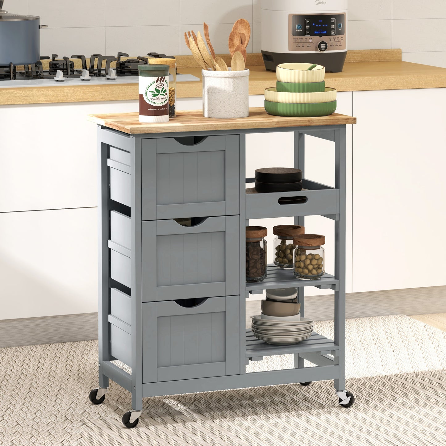 HOMCOM Rolling Kitchen Island Cart With Wood Top Grey Bar Serving Cart On Wheels Shelves And Drawers