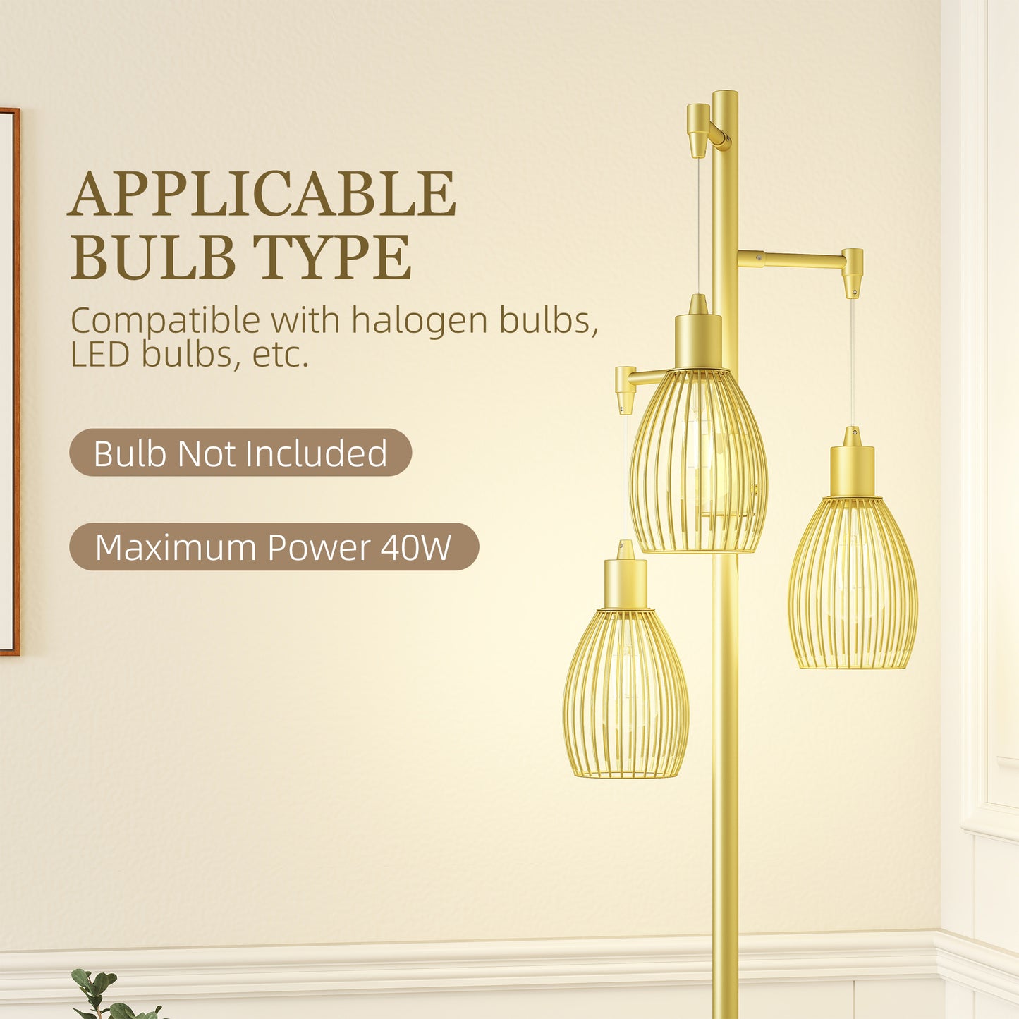 HOMCOM Three Light Floor Lamp 170cm Living Room Dimmable Standing Lamp With Steel Wire Cage Lampshades Gold Tone