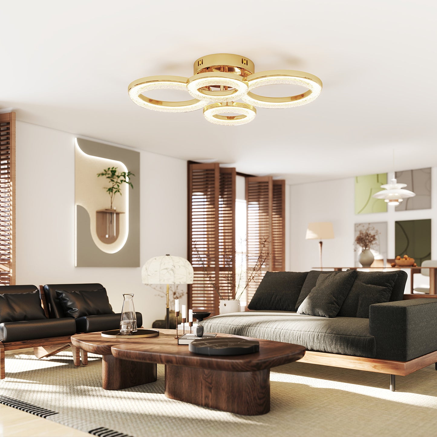 HOMCOM LED Ceiling Light 4 Ring Modern Flush Mount With Wall Switch Control 40W 4350lm 3500K 4500K 6000K Gold Tone