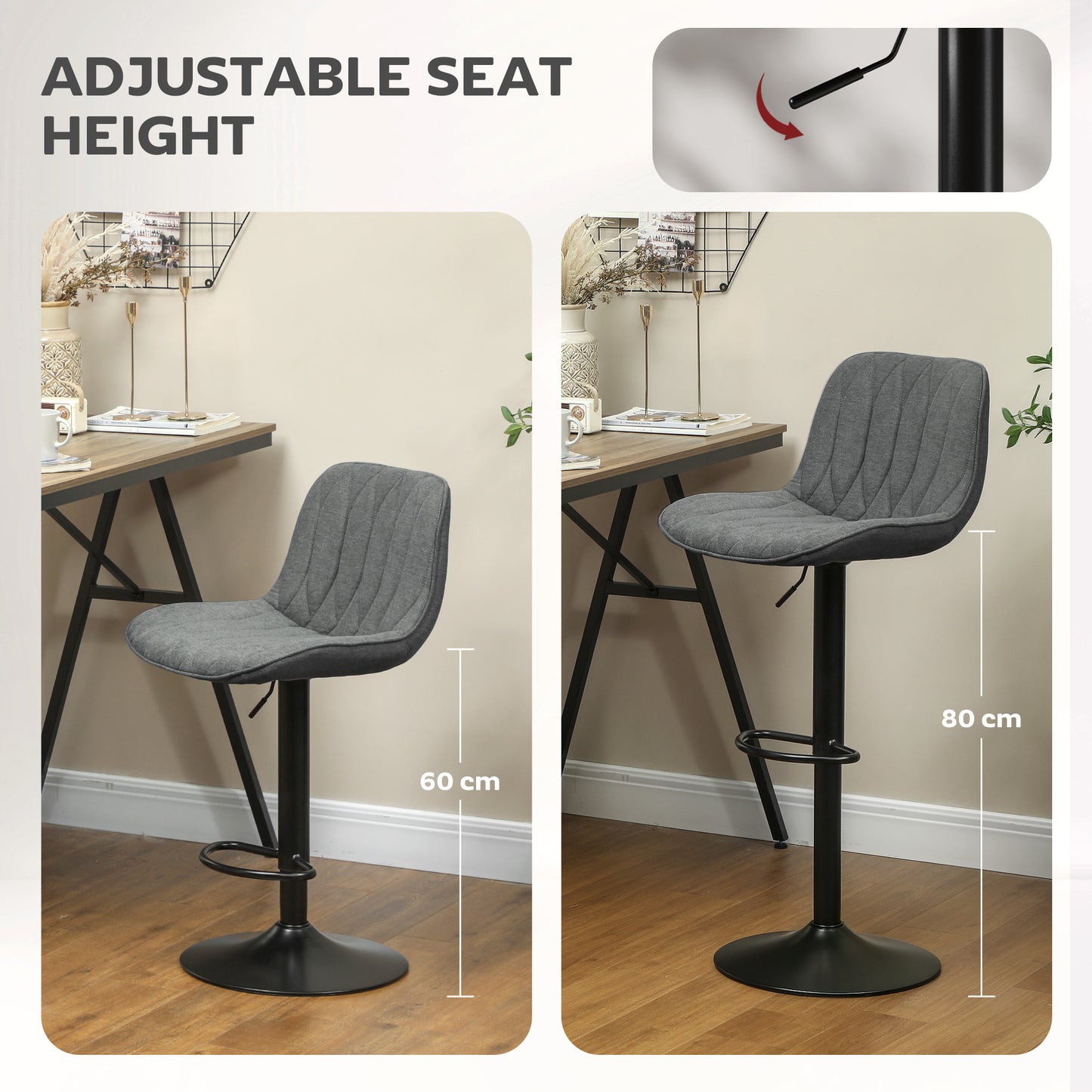 HOMCOM Set Of Two Linen Look Bar Stools Charcoal Grey Adjustable Height 60 To 80 Cm 360 Degree Swivel Padded Seats