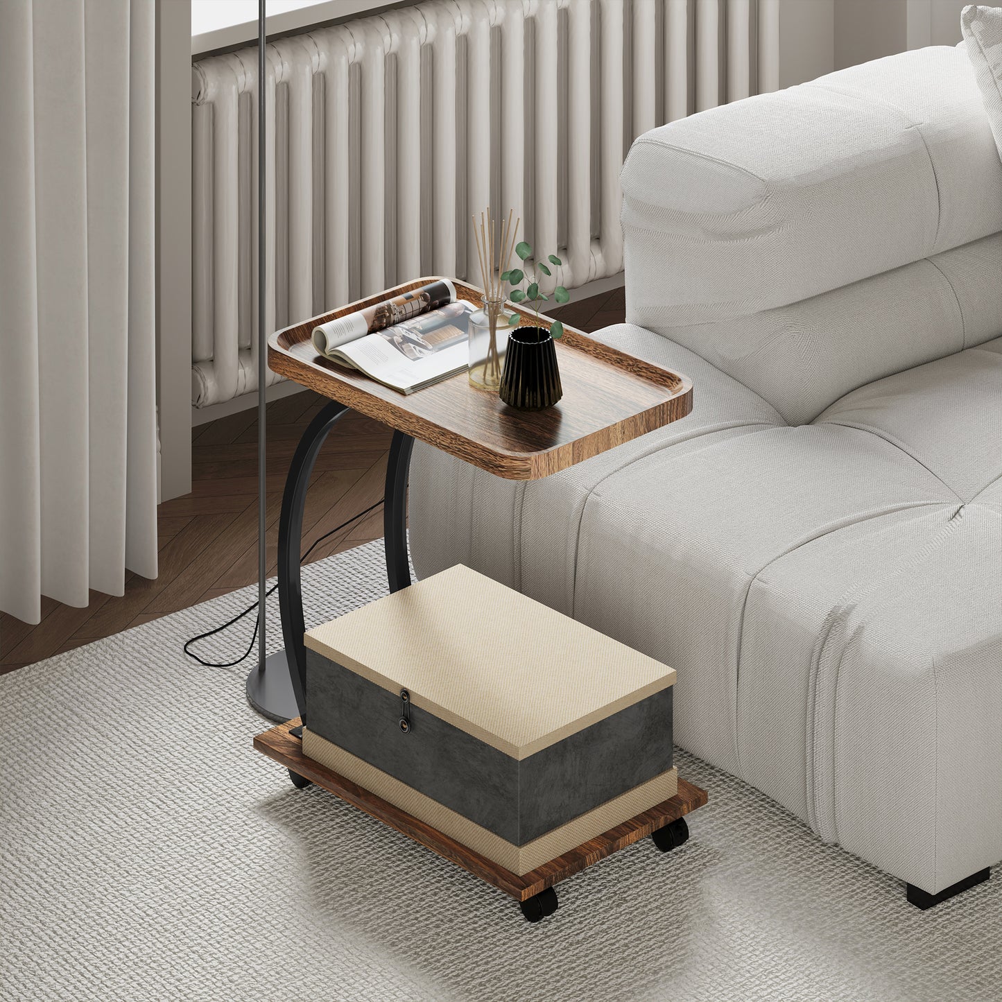 HOMCOM 2 Tier Mobile C Shaped Side Table Brown With Tray Top And Two Tier Storage