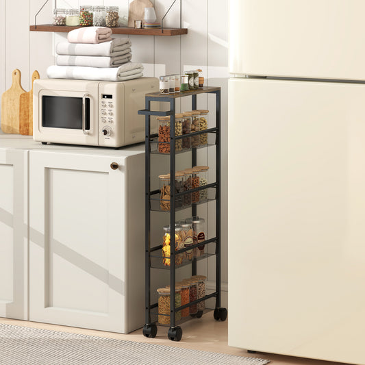 HOMCOM Slim Storage Trolley 5 Tier Kitchen Cart On Wheels With Wood Effect Top For Living Room Bathroom Black
