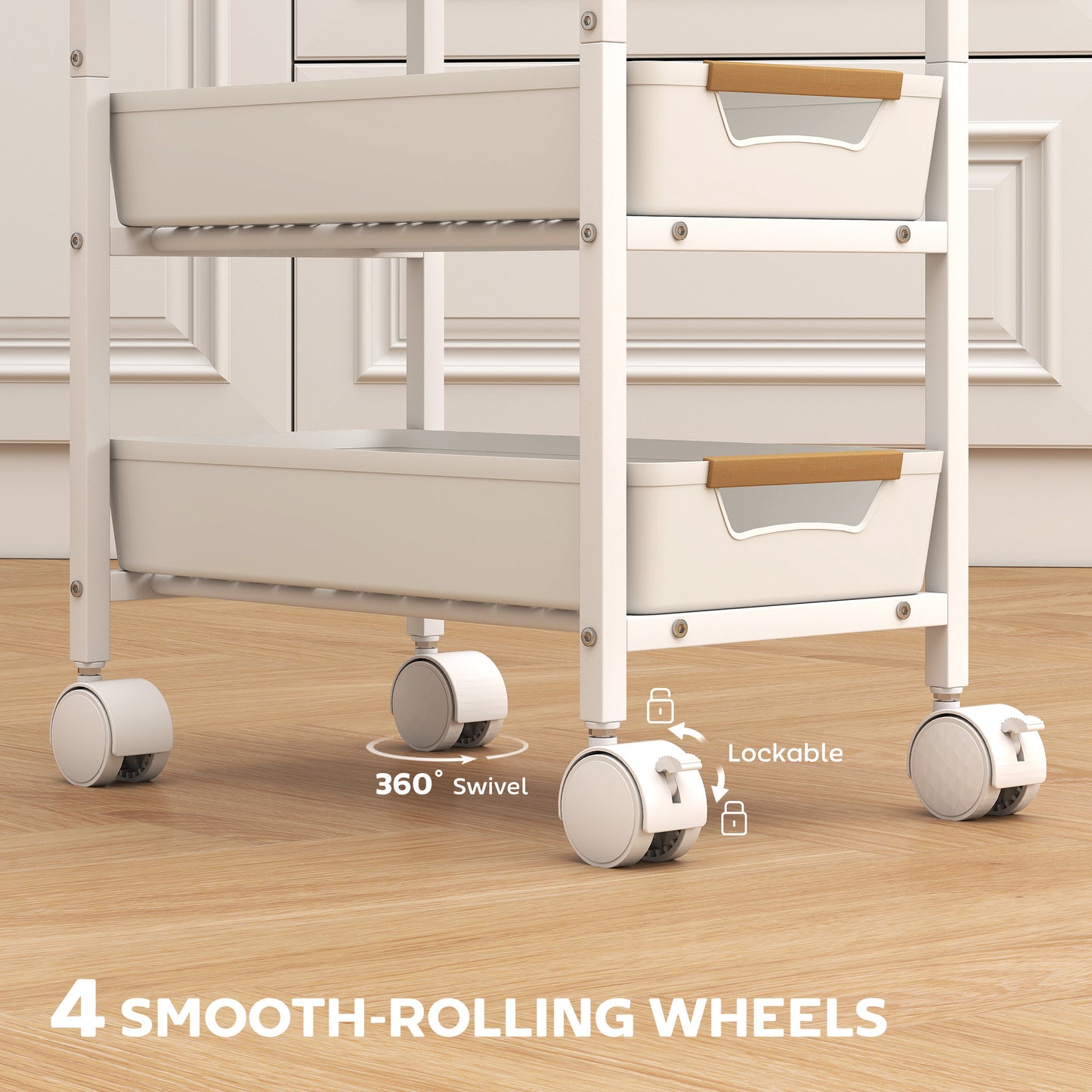 HOMCOM Five Tier Storage Trolley On Wheels White Kitchen Cart With Wood Effect Top And Four Pull Out Drawers