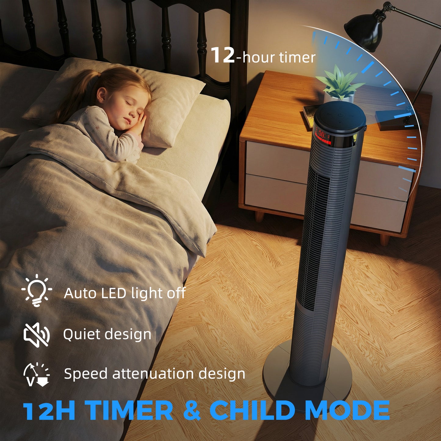 HOMCOM Oscillating Tower Fan With Remote Control LCD Screen 3 Speed 4 Wind Modes Grey