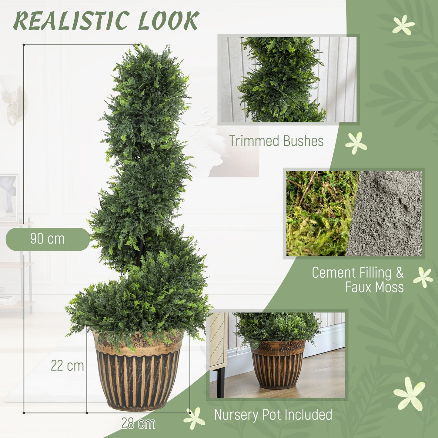 HOMCOM Set of 2 Artificial Boxwood Spiral Topiary Trees with Pots for Indoor Outdoor Decor 90cm