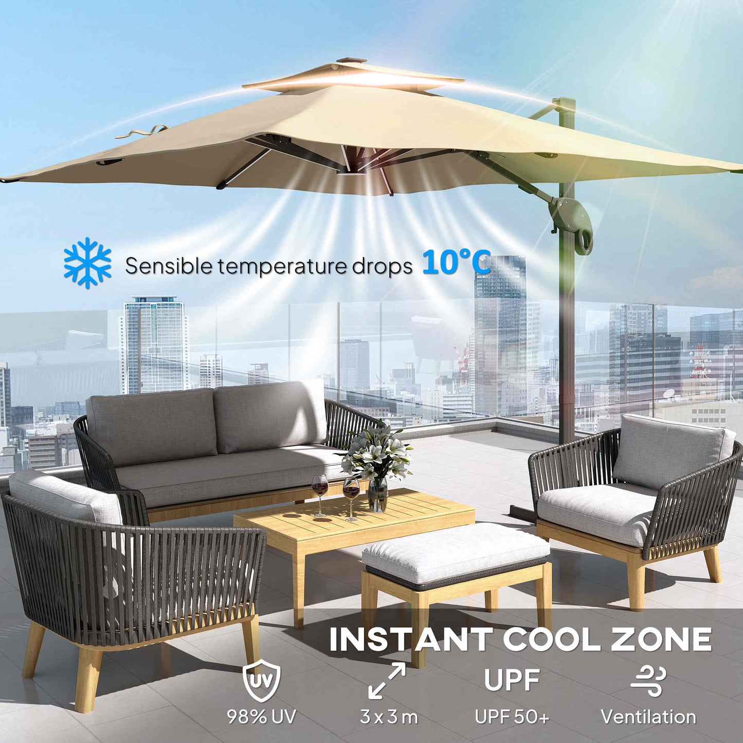 Outsunny 3 x 3(m) Aluminium Sun Square Canopy Top w/ Adjustable Pole Angle Khaki