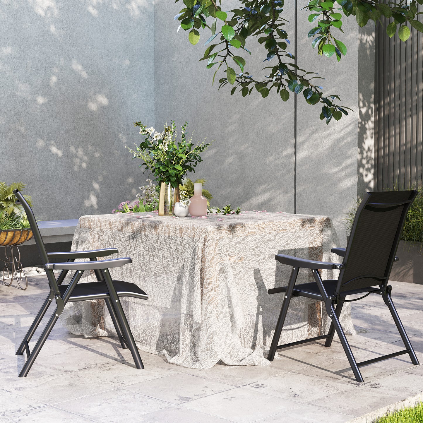 Outsunny Two Folding Outdoor Chairs Black Breathable Mesh Seats With Powder Coated Steel Frames For Garden And Patio