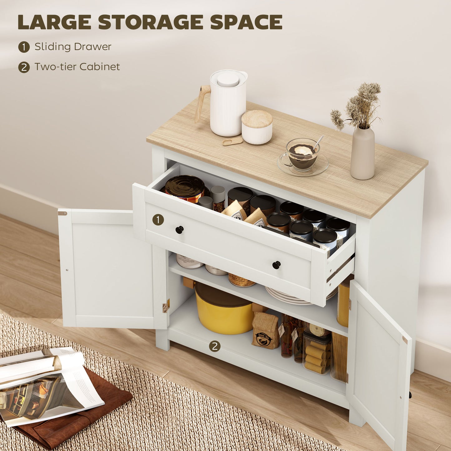 HOMCOM Cream White Sideboard Storage Cabinet With Adjustable Shelf Drawer And Double Doors For Kitchen Dining Living