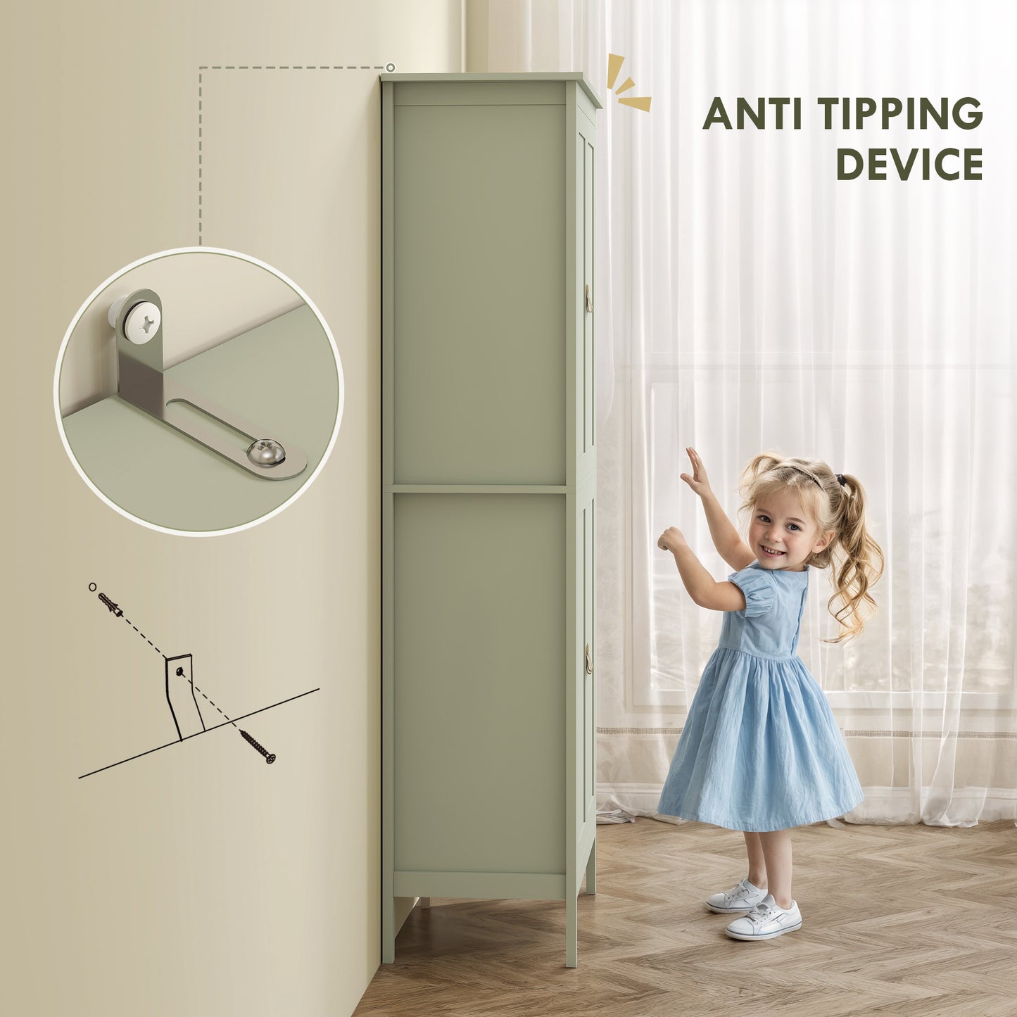 HOMCOM Tall Pantry Cupboard With Motion Sensor LED Light Green Cabinet With Adjustable Shelves And Three Colour Options