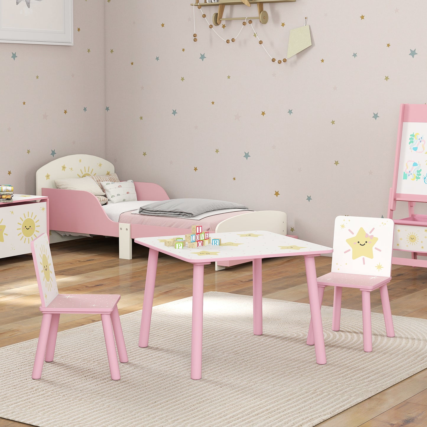 AIYAPLAY 3 Piece Toddler Table and Chair Set Pink With Star Pattern for Bedroom Nursery Playroom Table and 2 Chairs