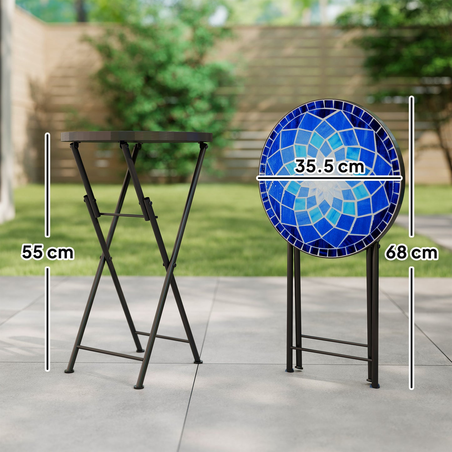 Outsunny Mosaic Outdoor Garden Table 35.5cm Round Folding Coffee Table With Metal Frame For Balcony Terrace Navy Blue