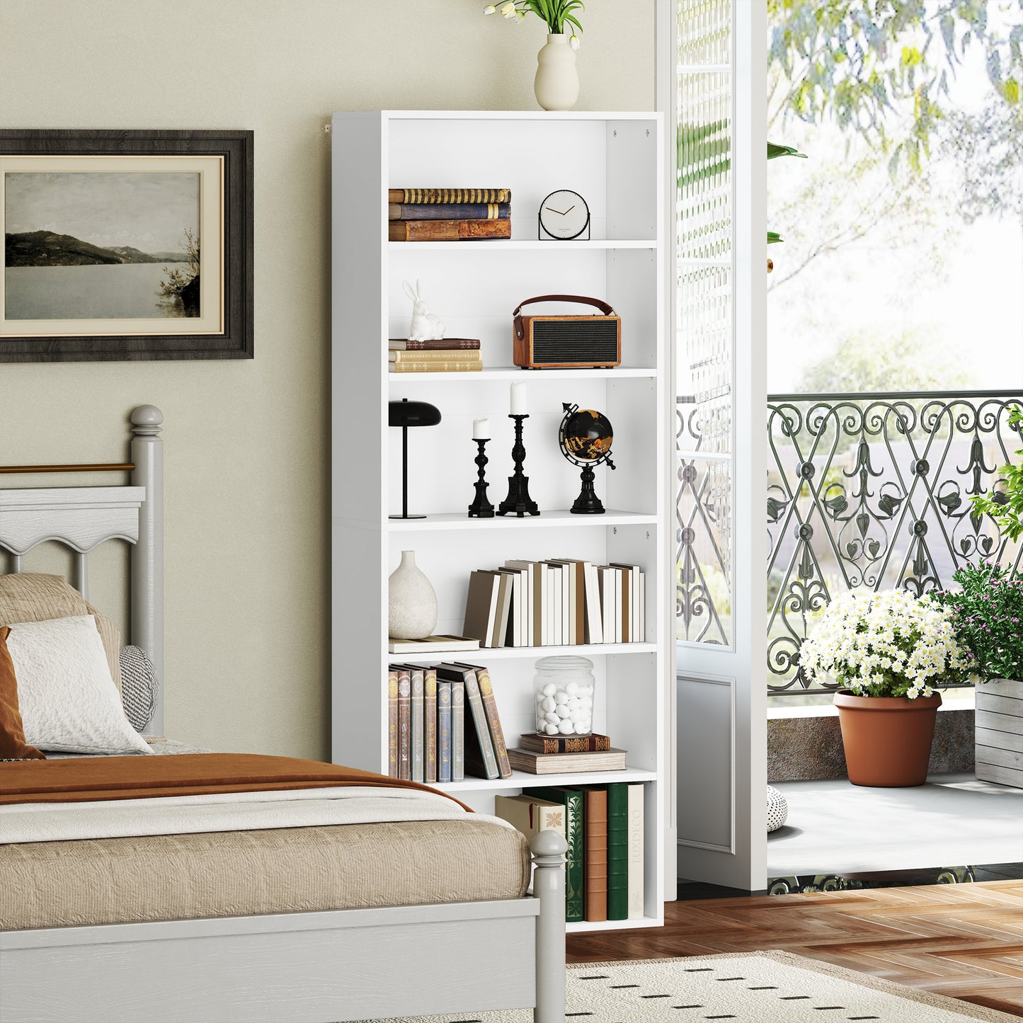 HOMCOM Six Shelf Bookcase White With Four Adjustable Shelves Melamine Finish For Living Room Storage