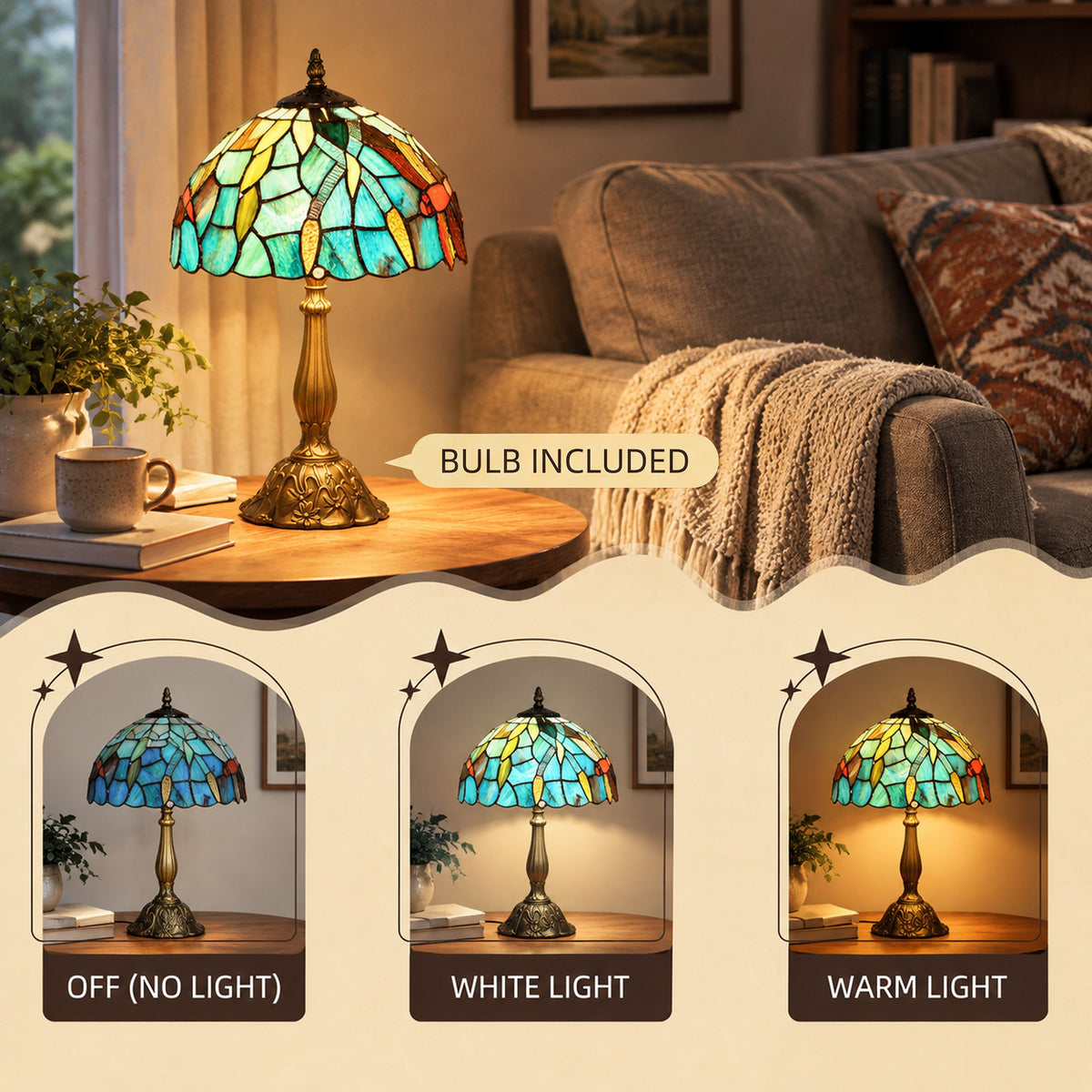 Stained glass table lamp with green-blue shade and brass base on a side table.
