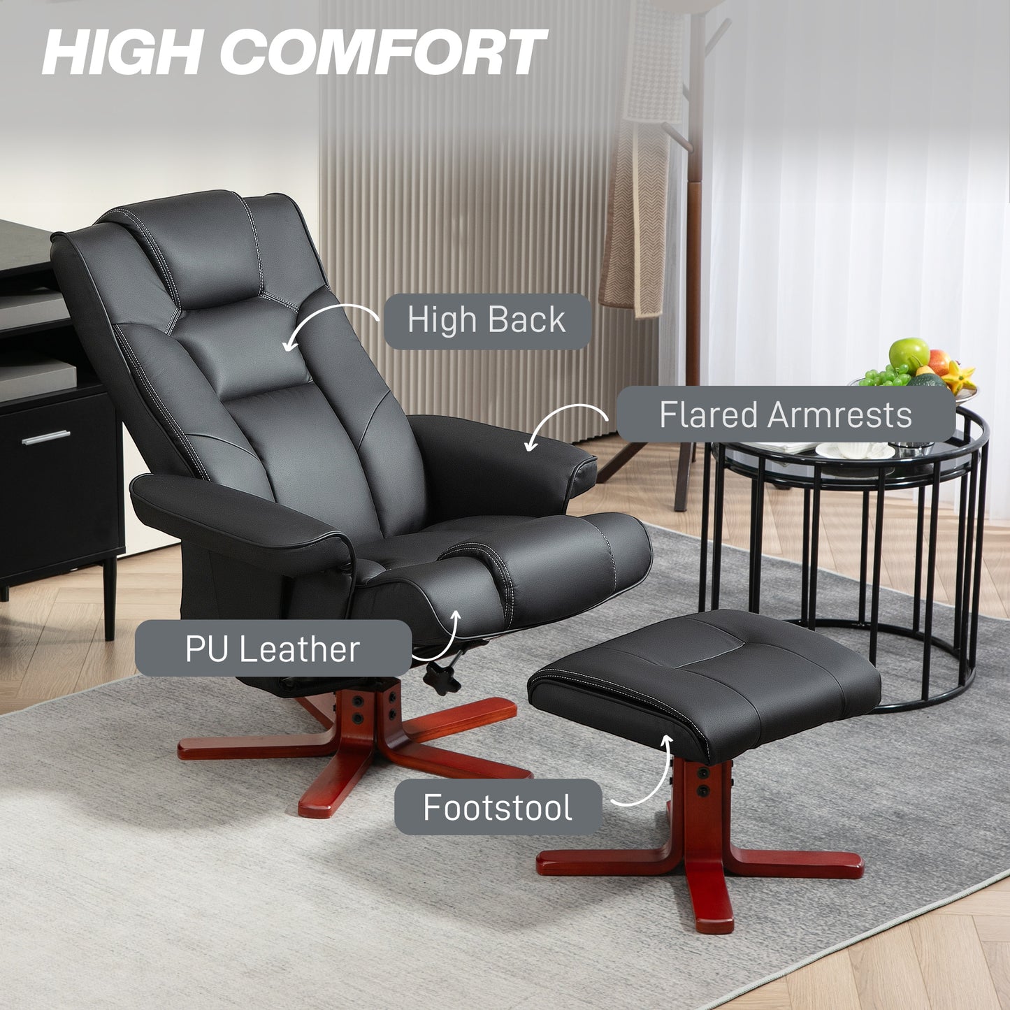 HOMCOM Black Faux Leather Reclining Armchair with Footstool - Manual Adjustments - ALL4U RETAILER LTD