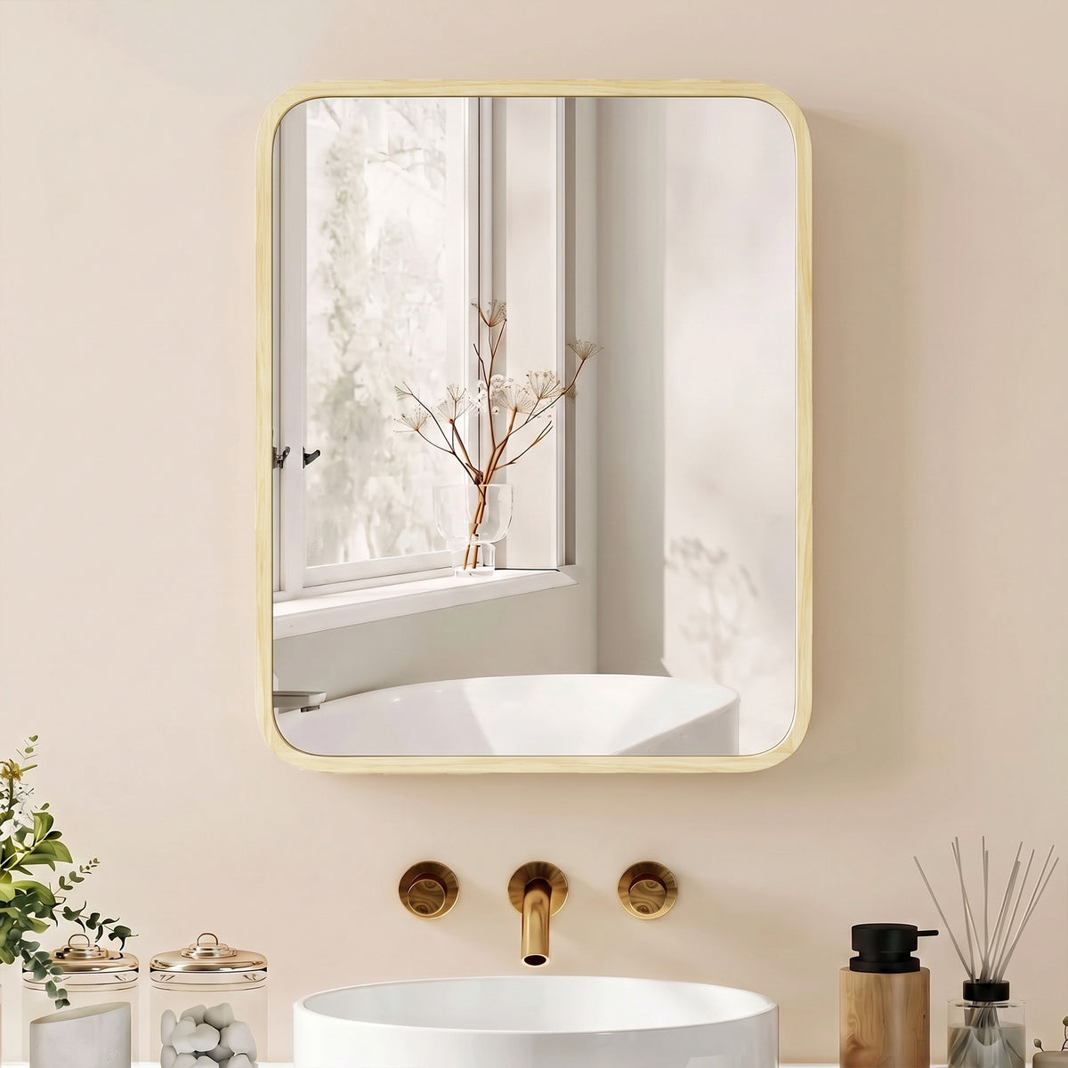 Bathroom mirror cabinet with natural wood border and hinged door
