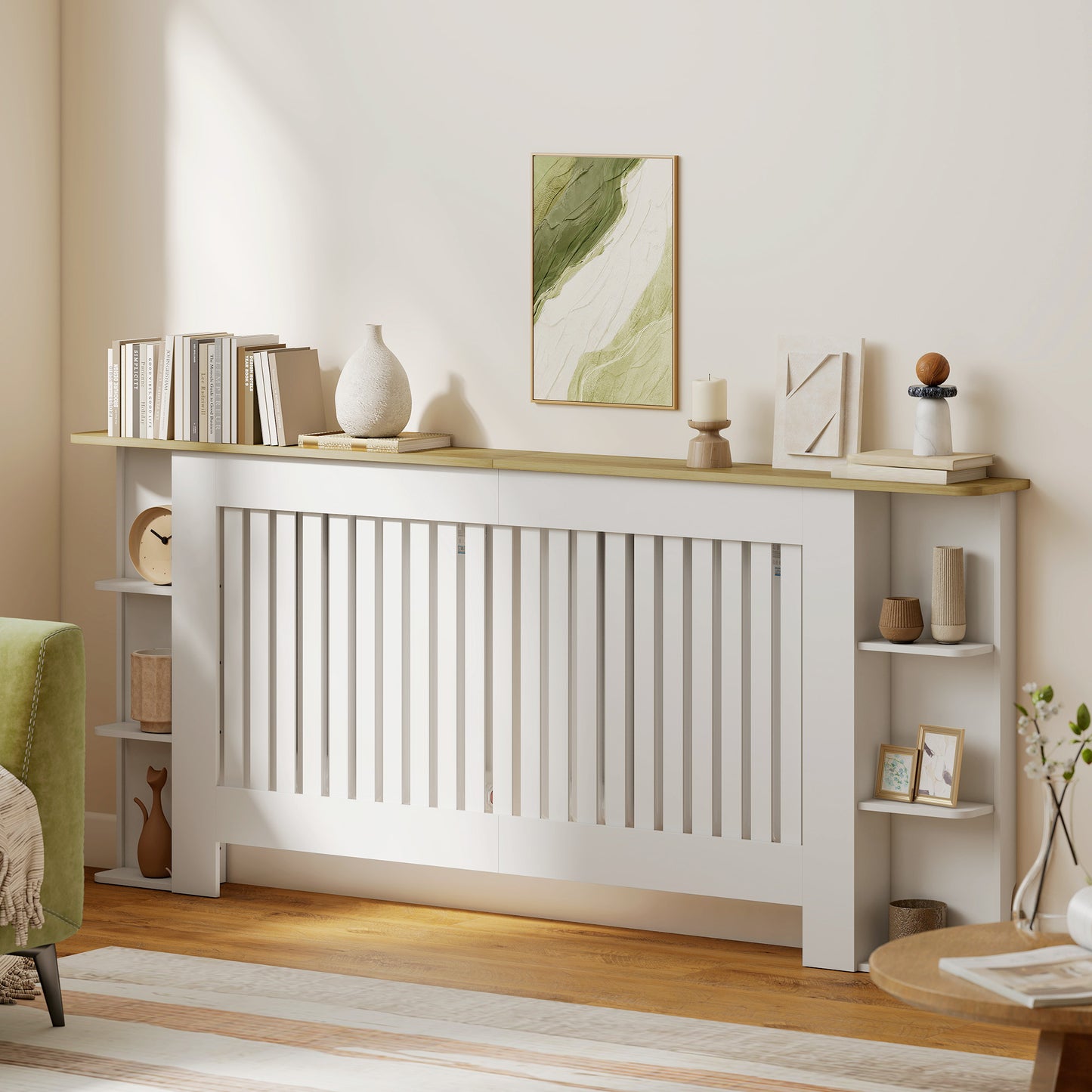 HOMCOM Radiator Cover With Open Storage Shelves And Slatted Cabinet For Living Room Hallway Extra Large White