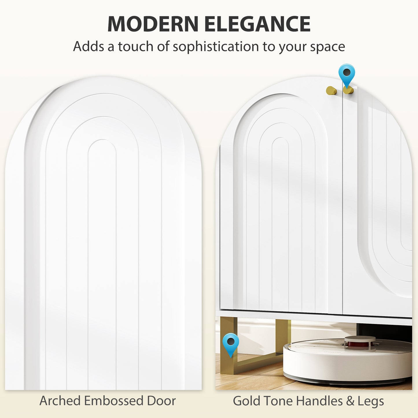 HOMCOM 2 Door Sideboard Storage Cabinet White Adjustable Three Level Shelf Arched Doors And Golden Accents Living Room