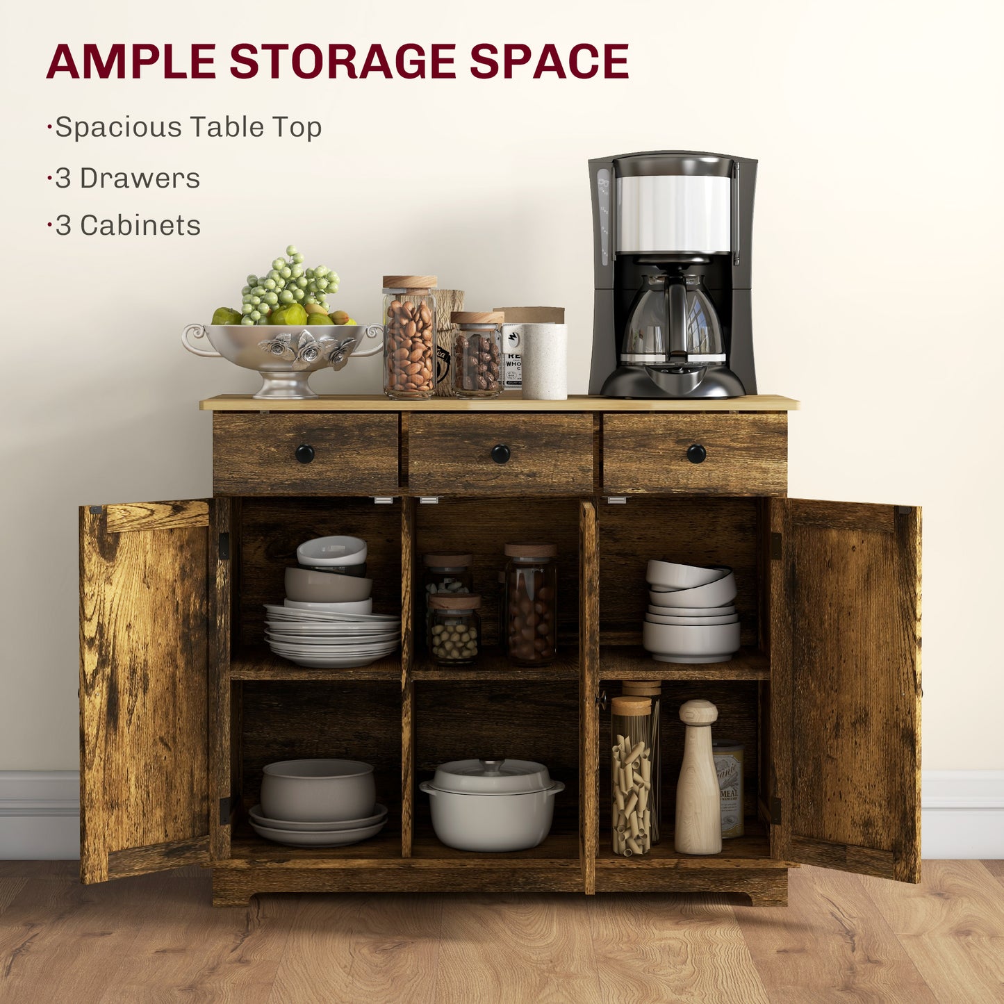 HOMCOM Sideboard Storage Cabinet With Rubberwood Top And Adjustable Shelves For Dining Room Kitchen Rustic Brown