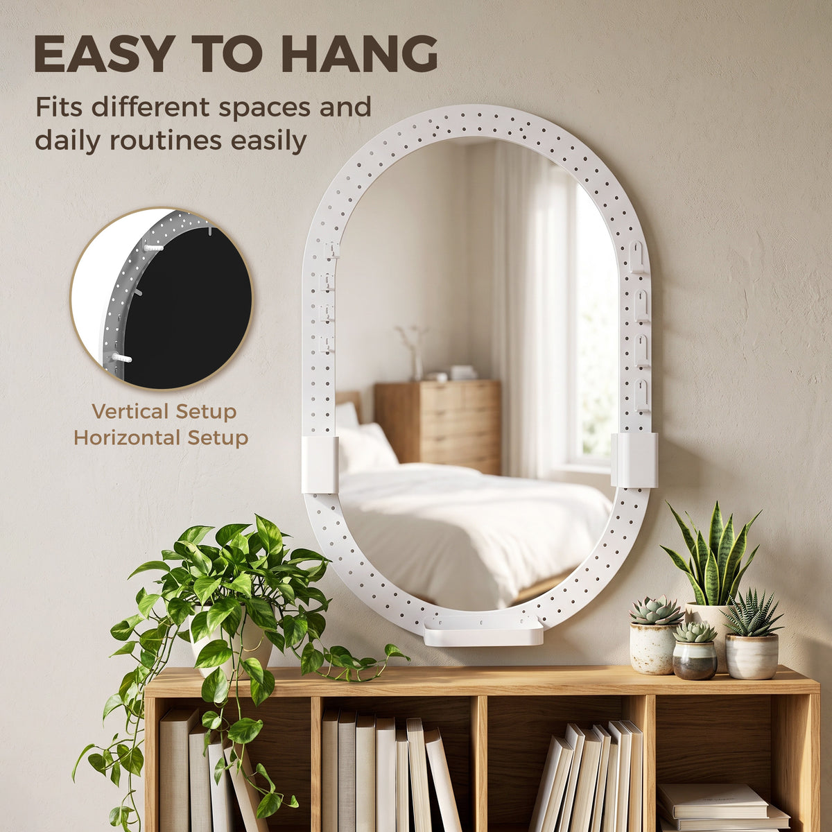 White oval wall mirror with pegboard-style frame and built-in storage shelves