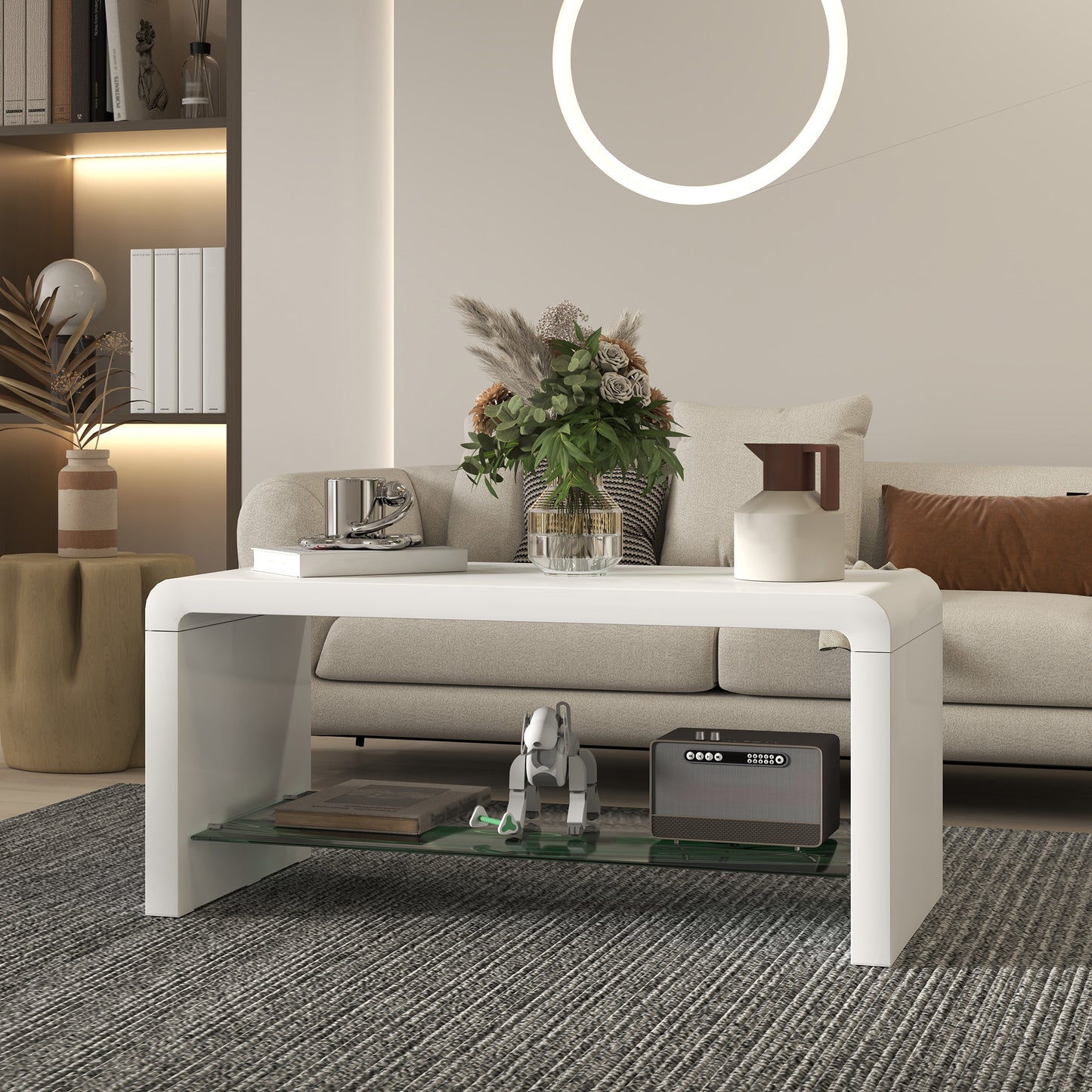 HOMCOM Curved Two Tier Coffee Table With High Gloss White Finish And Two Storage Levels