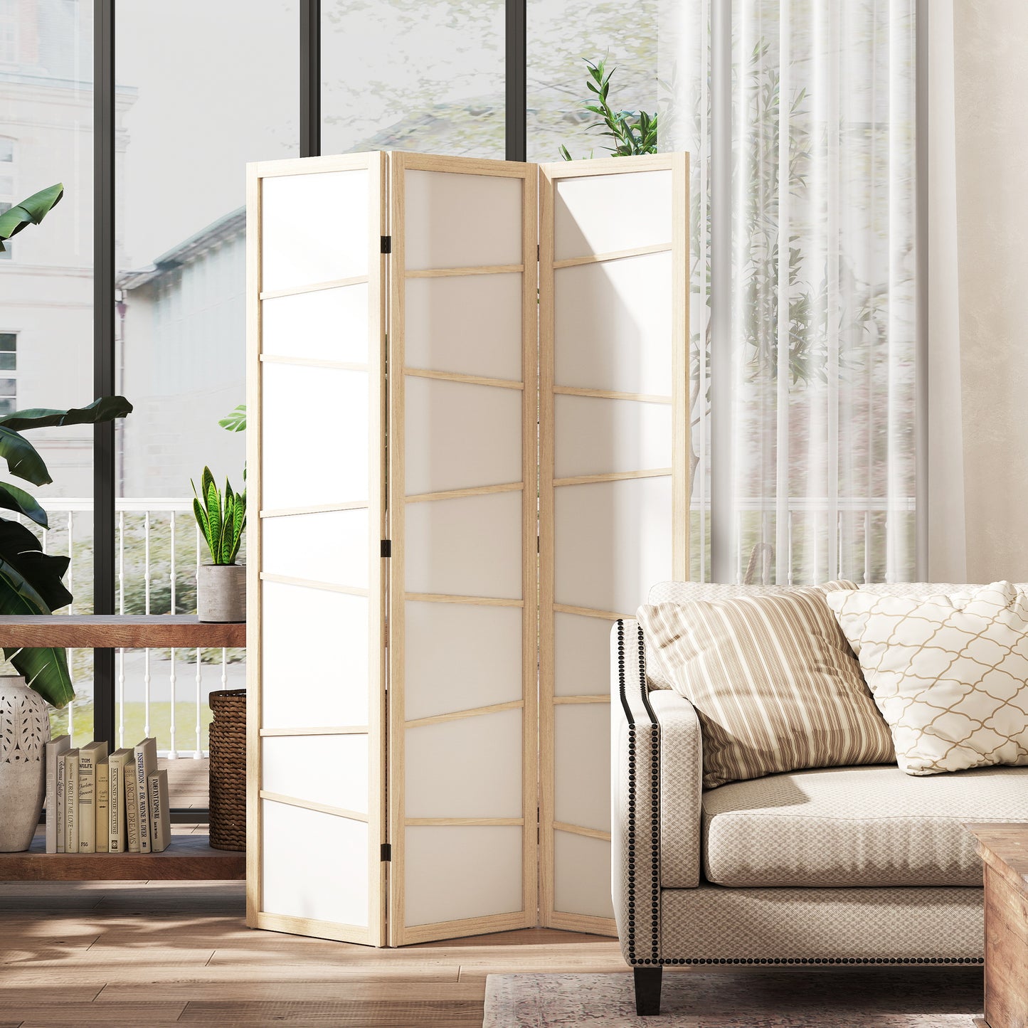 HOMCOM 3 Panel Wooden Folding Privacy Screen Room Divider For Bedroom Living Room Natural Wood Finish